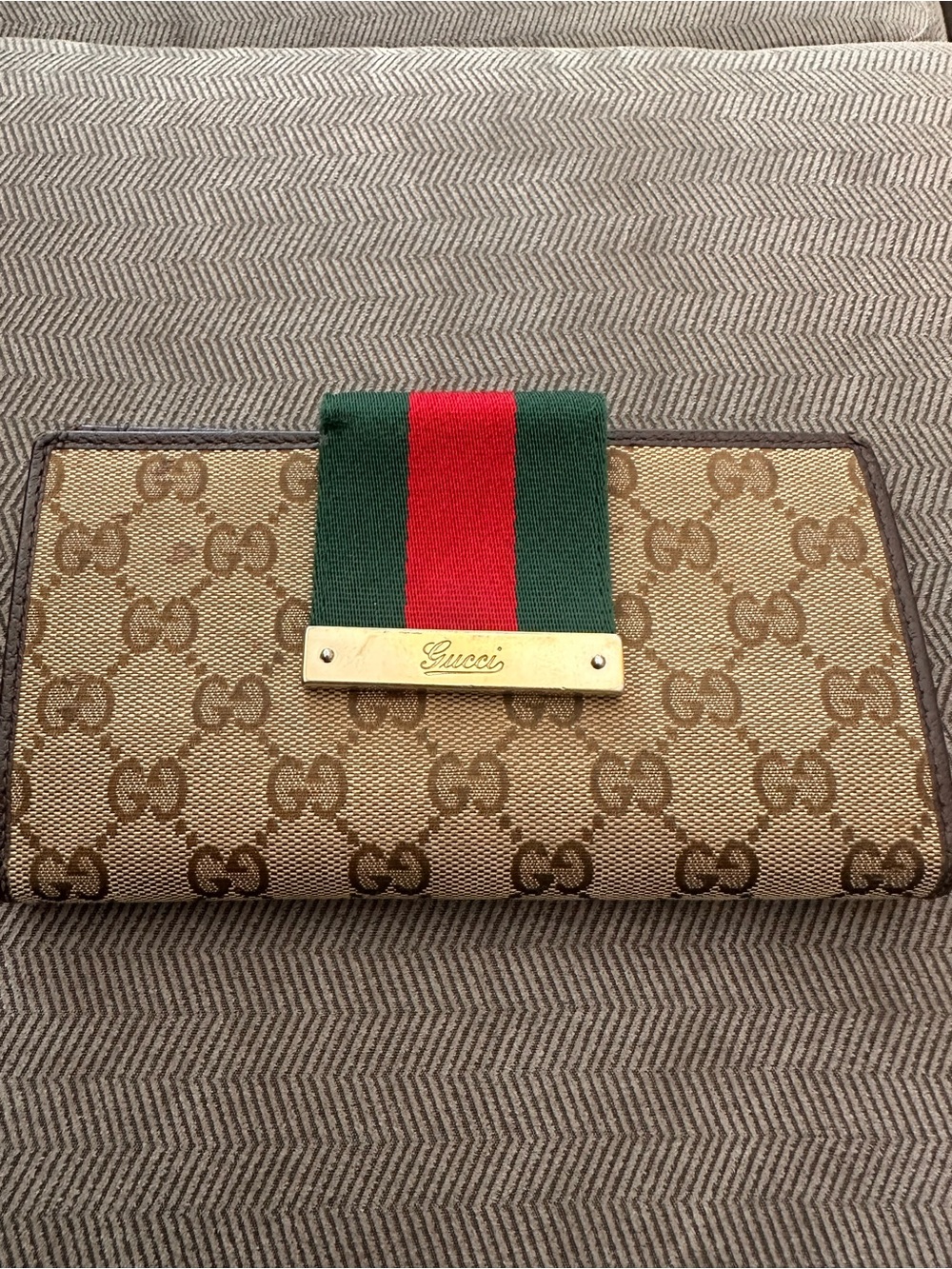 Gucci Brown GG Canvas Wallet with Green & Red Web Stripe